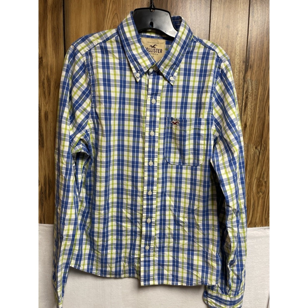 Hollister Mens Shirt Large Plaid Button Down Long Sleeve Blue Preppy Logo Button